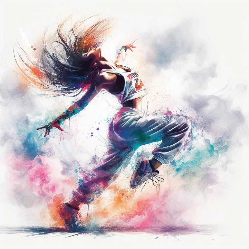 Промпт танцующая девушка, белый акварельный дымный фон с красками