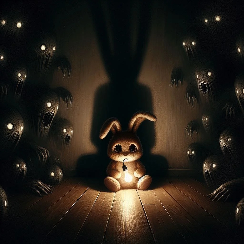 Промпт зайчика и лампочка в стиле хоррор с черными тенями