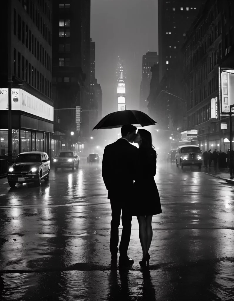 Промт чб фото фотореалистичное романтическое - пара целуется под дождем