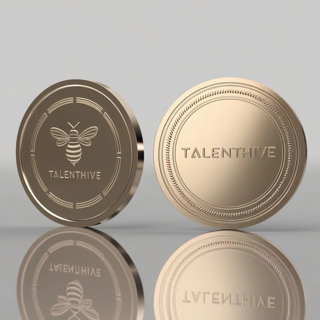 Промпт 3D-модель уникальной, стильной монеты для фриланс-проекта под названием 'TalentHive'