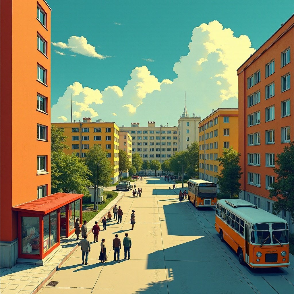 Советский город 1970-х с хрущёвками и очередью