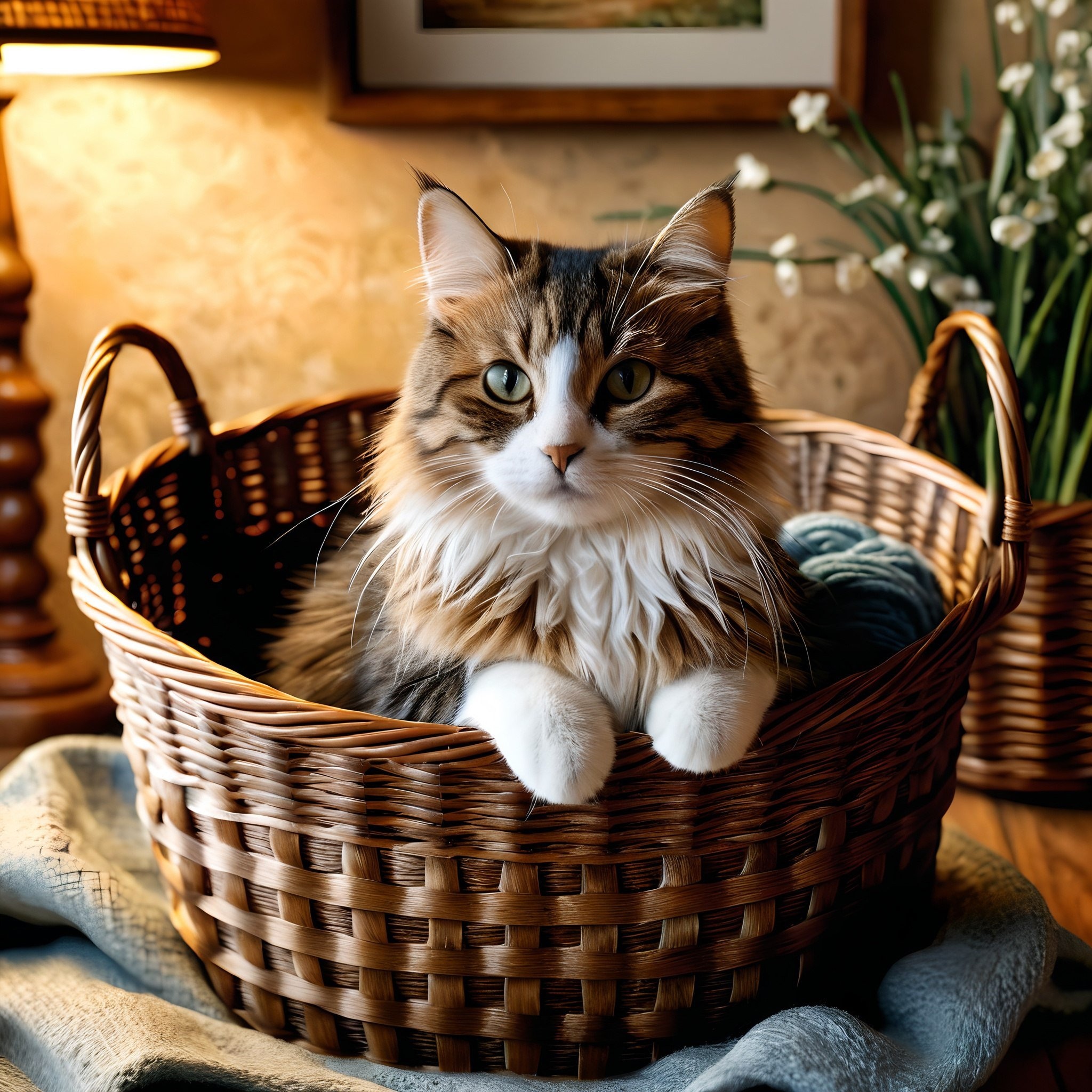 Кот свернулся в плетёной корзине