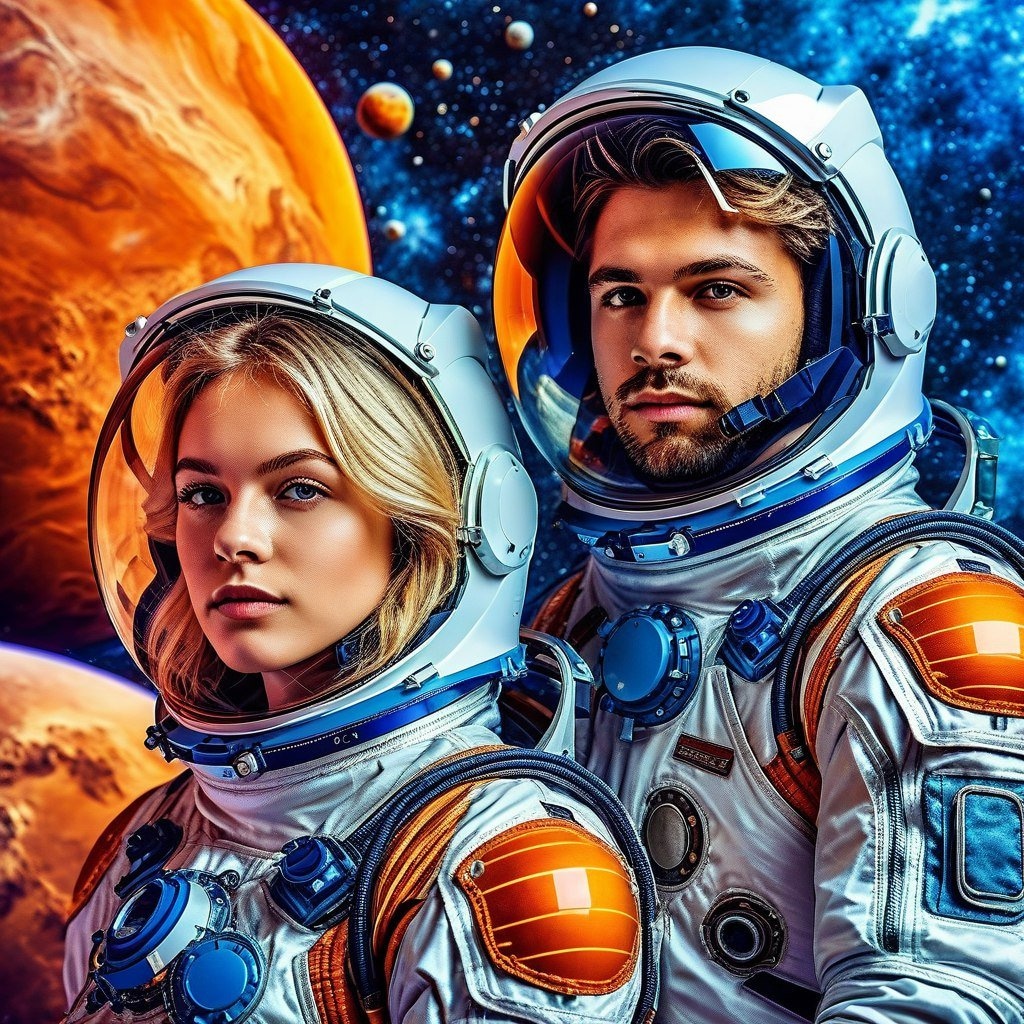 Космическая пара на фоне планет
