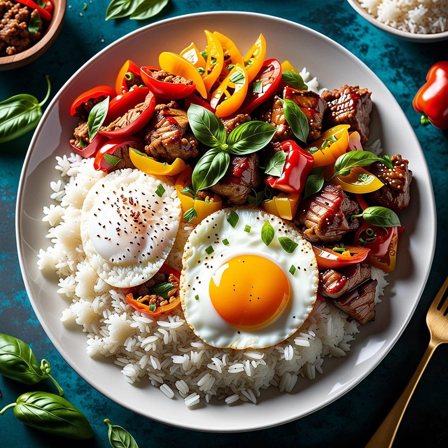 Рис с мясом, базиликом и жареным яйцом