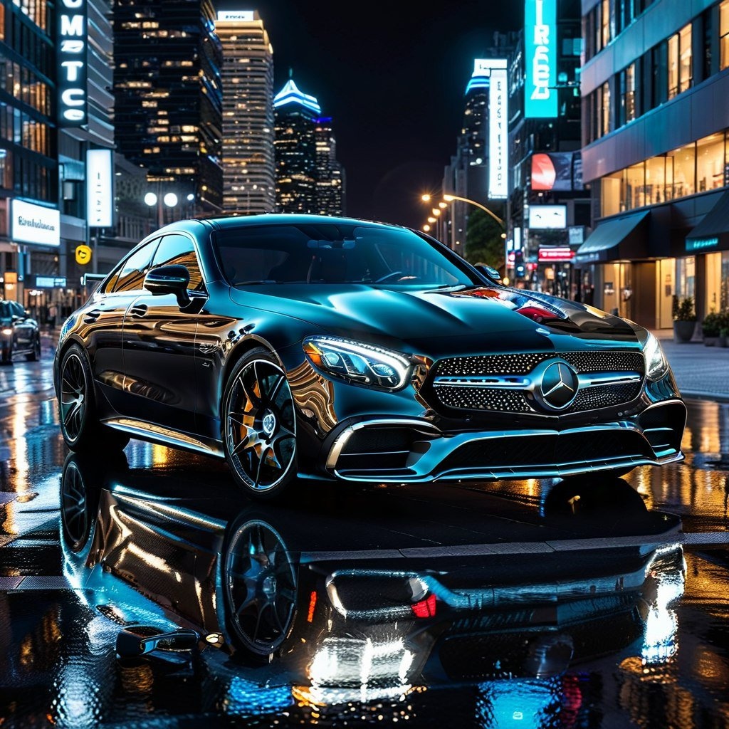 Чёрный Mercedes-AMG 63 в ночном городе