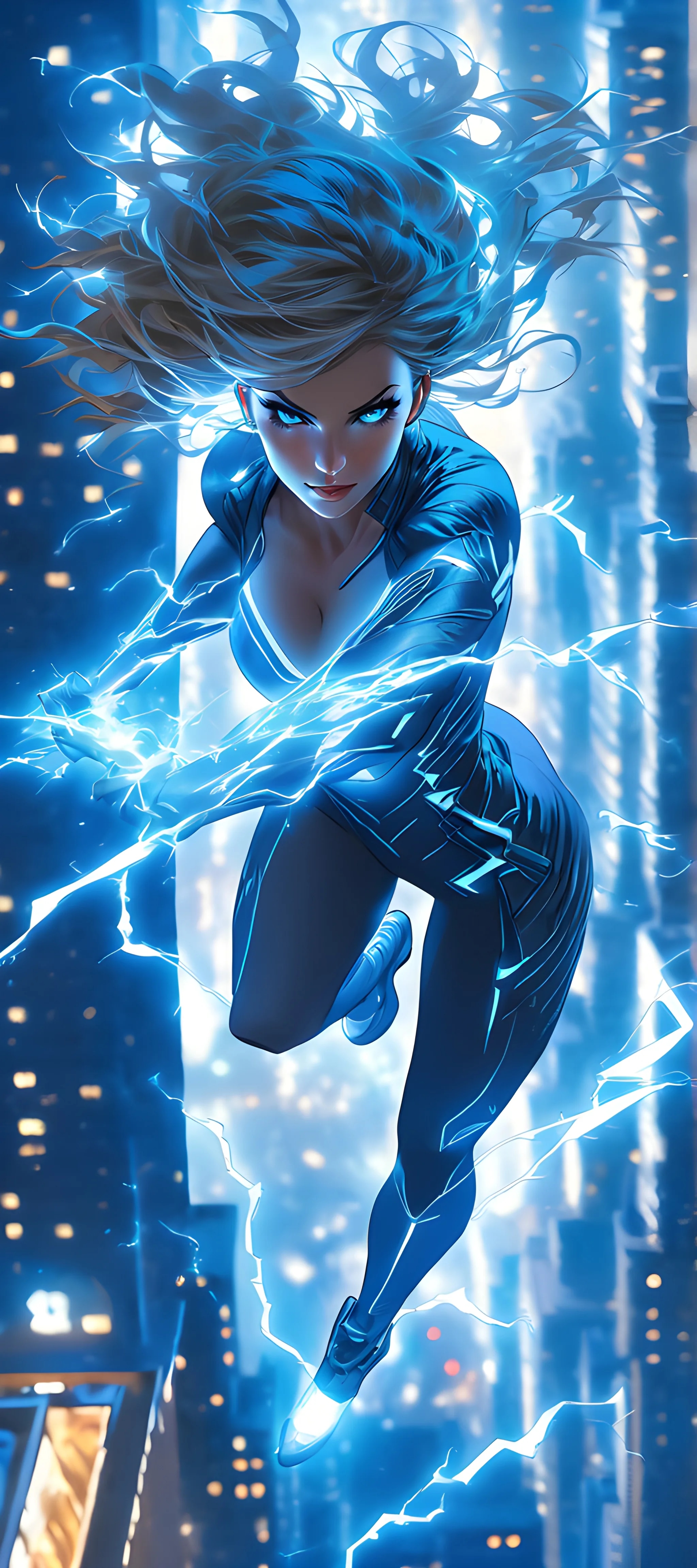 amazing lightingbolt woman, blue color, she run on...