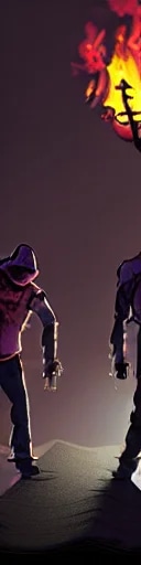 a battle in the ruined streets at night between 3 ...