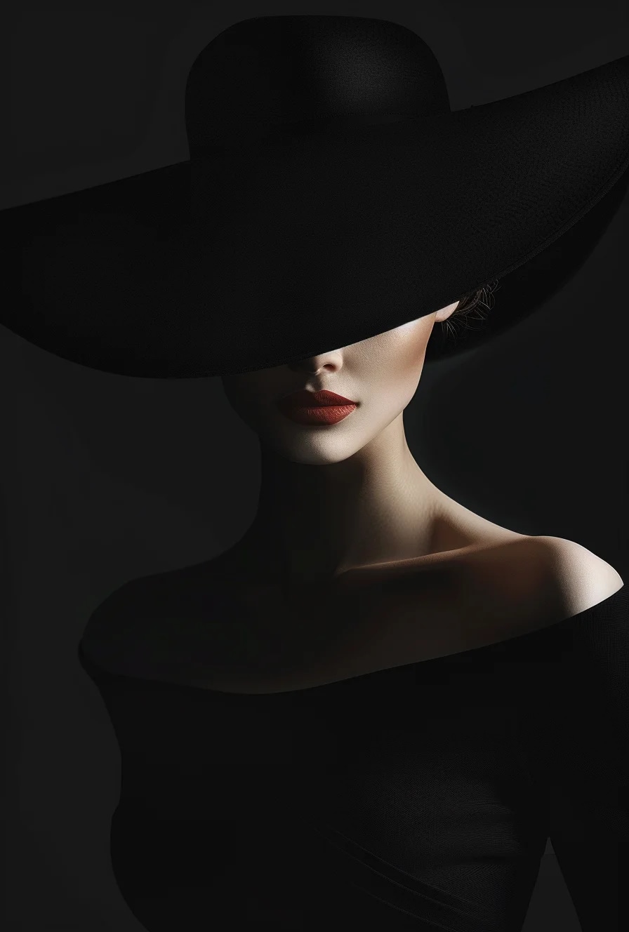 a woman in a black dress is wearing a big hat to t...