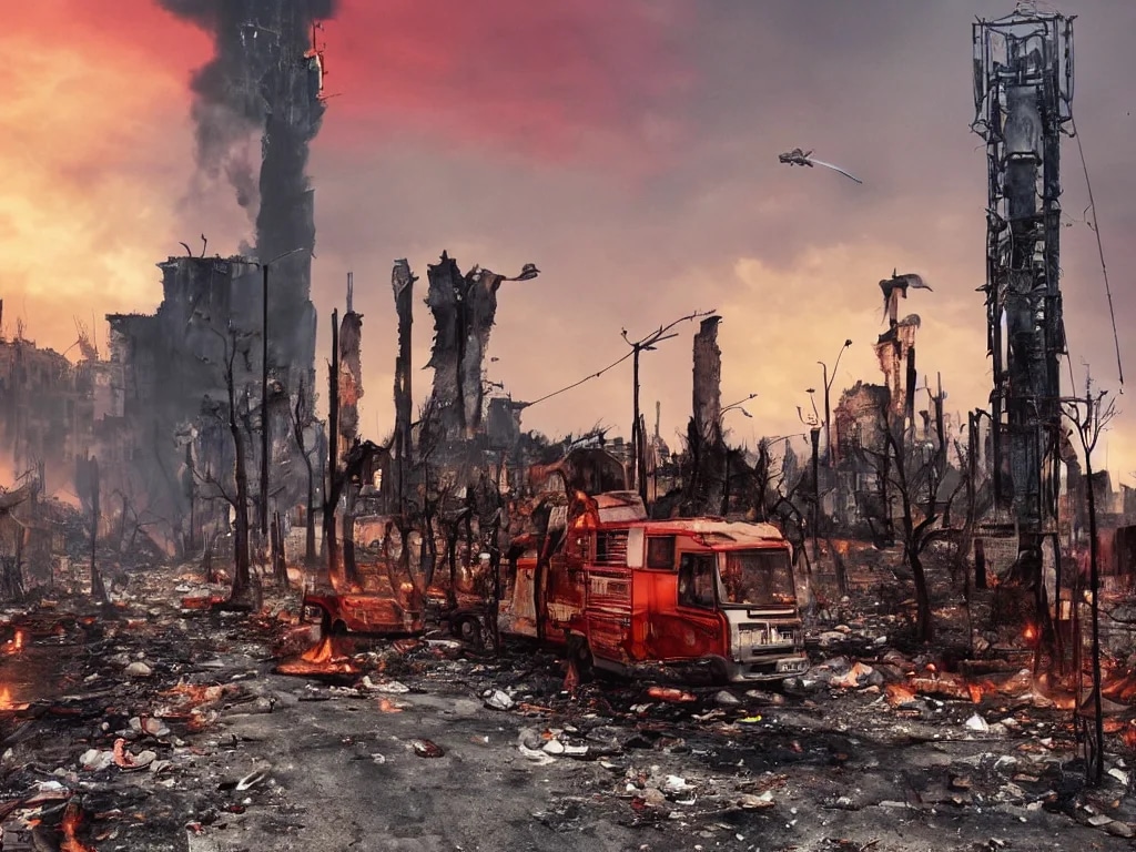 city street view with one tall antenna tower in th...