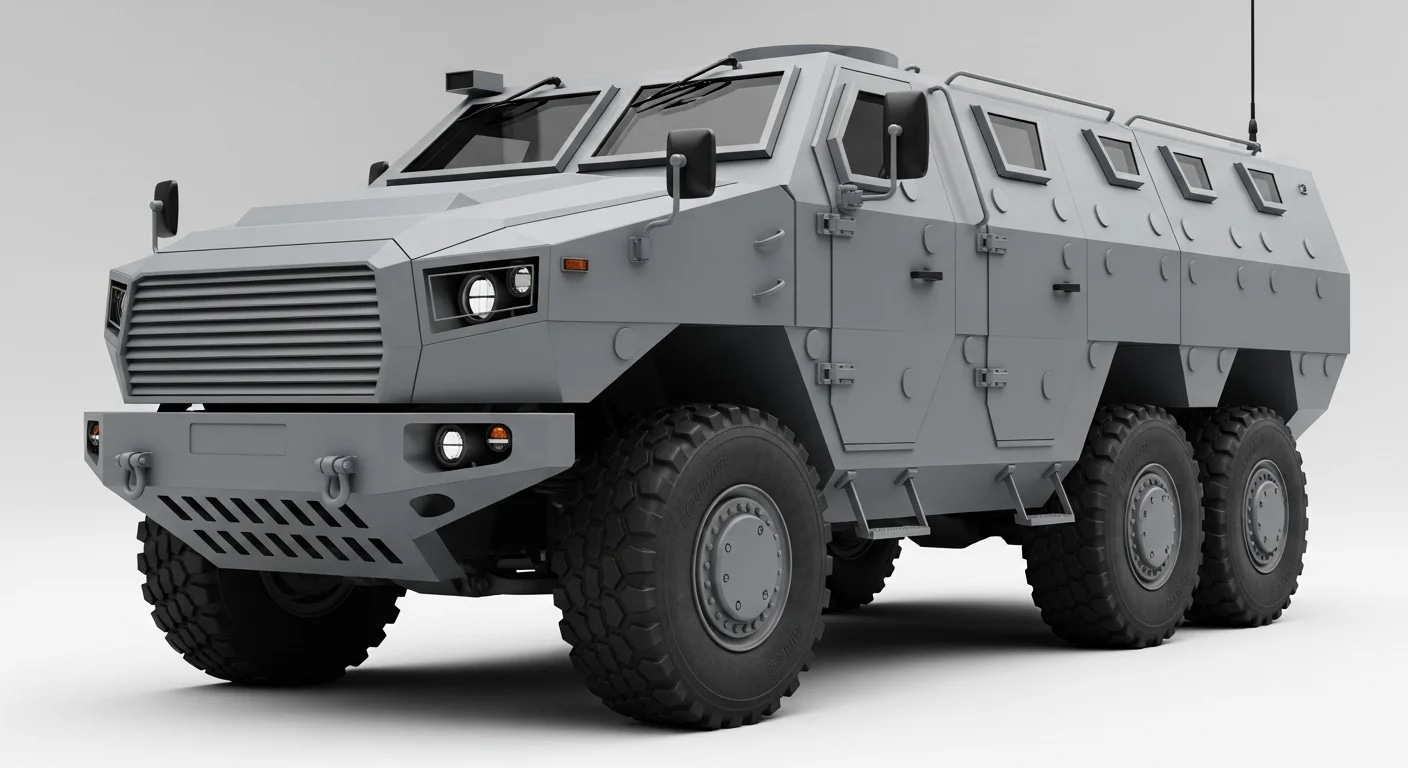 A hyper-realistic, matte gray armored personnel ca...
