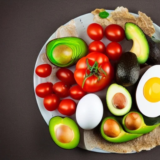 very healthy food plate with avocados, tomatoes, e...