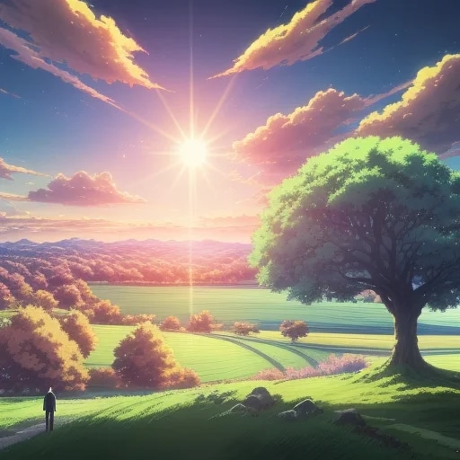 anime landscape with a man standing , a tree in th...