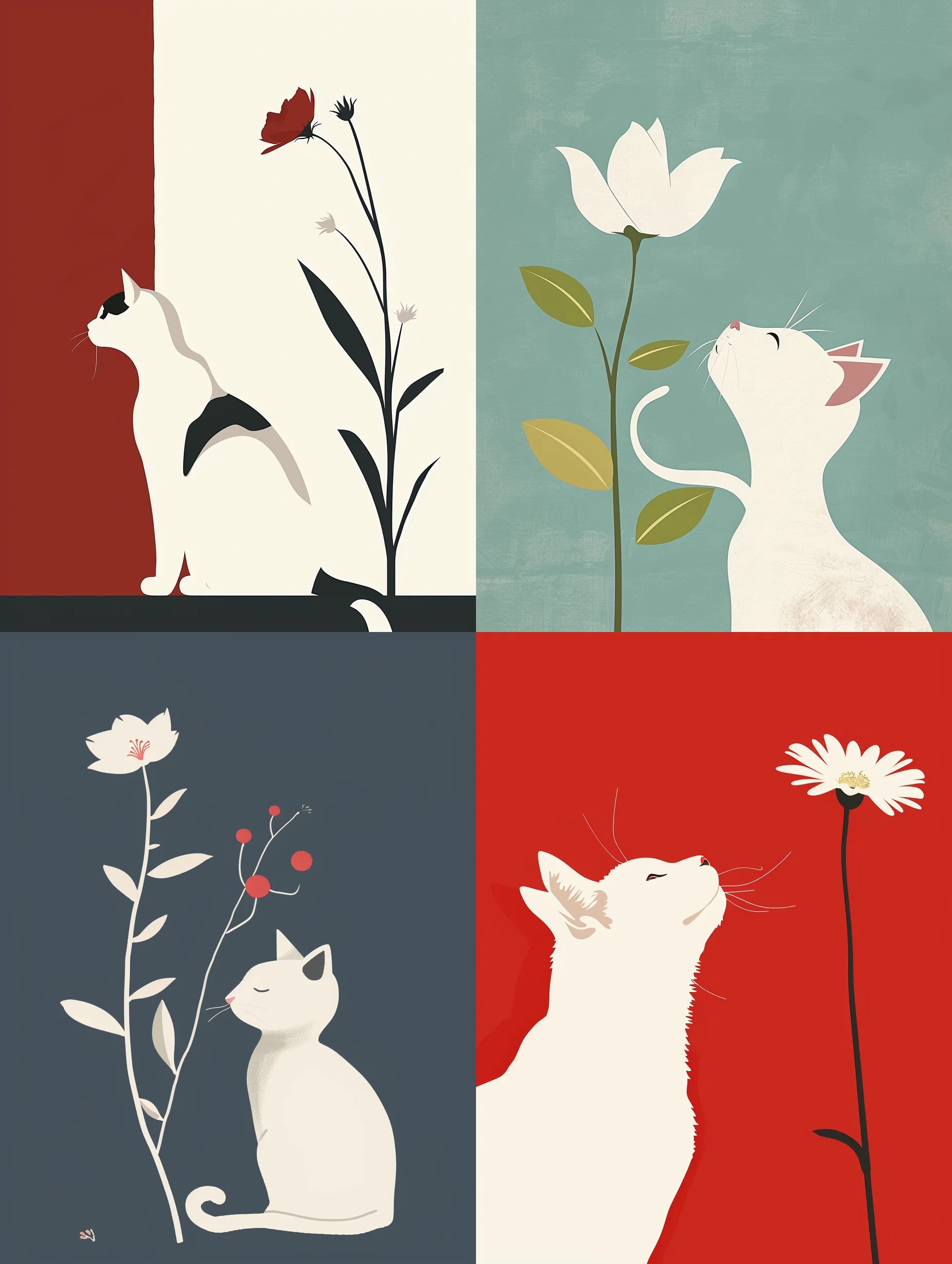 white Cat and flower in a Takeshi Kitano style, in...