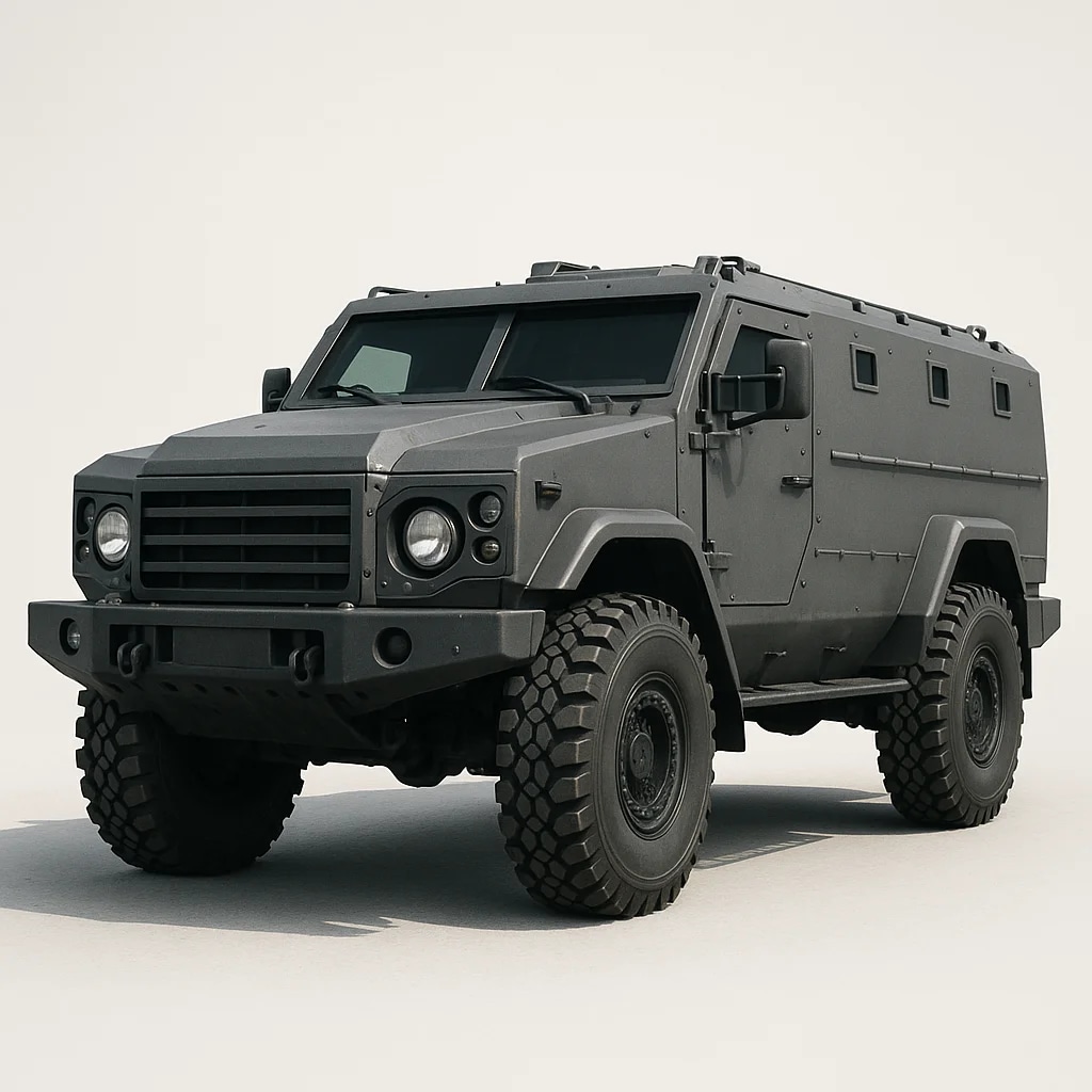 A hyper-realistic, matte gray armored personnel ca...