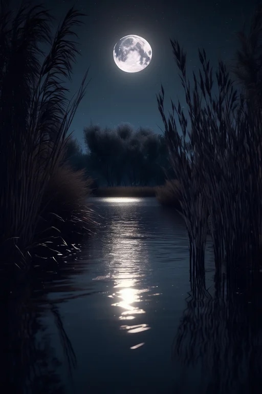 Moonlit riverside, night sky serenity, reflections...