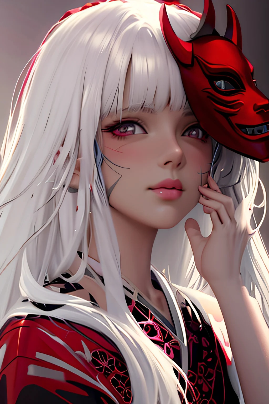 anime girl with white hair and red mask on her hea...