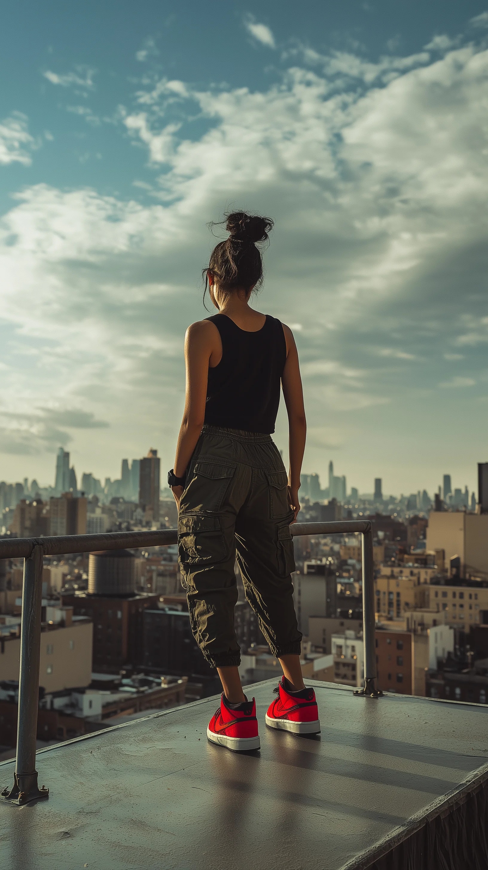 photograph of a woman expressing freedom, rear vie...