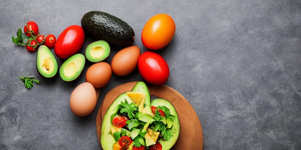 healthy food in a cooking table with avocados, tom...