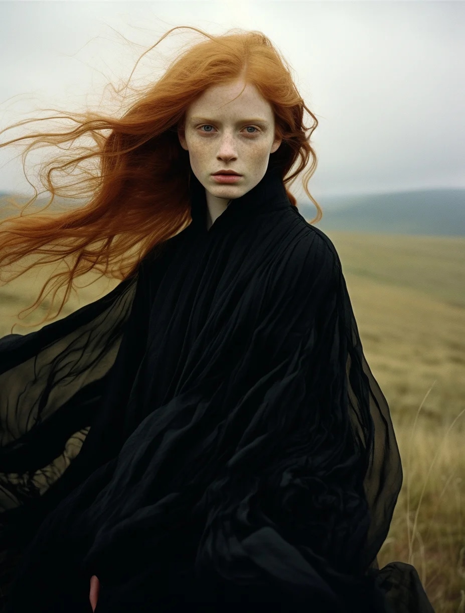 a woman in a black dress standing in a field, in s...