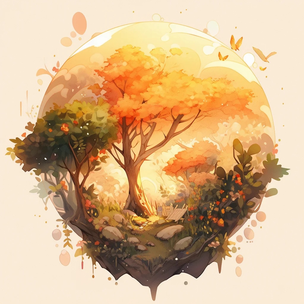 An icon design, 3D, nature icon, tree, golden ligh...