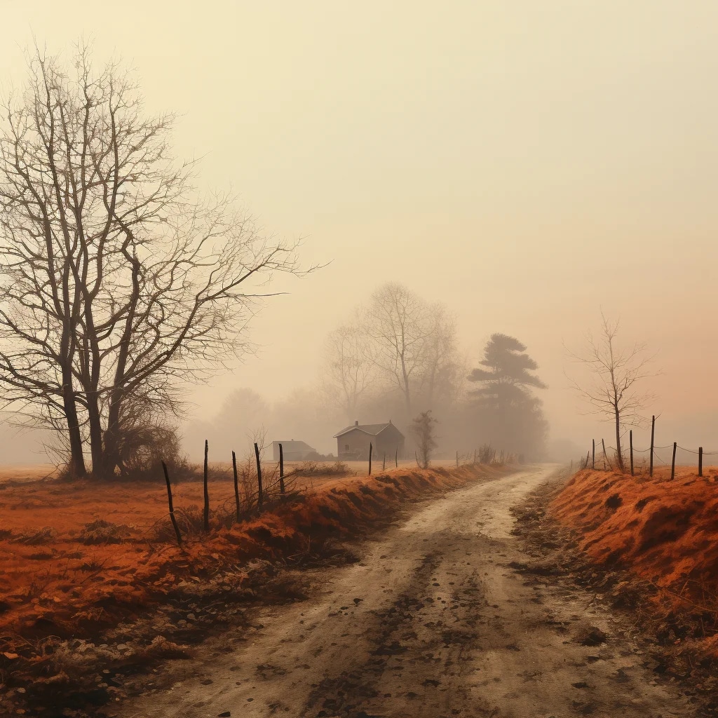 a rural scene and some trees, in the style of mist...
