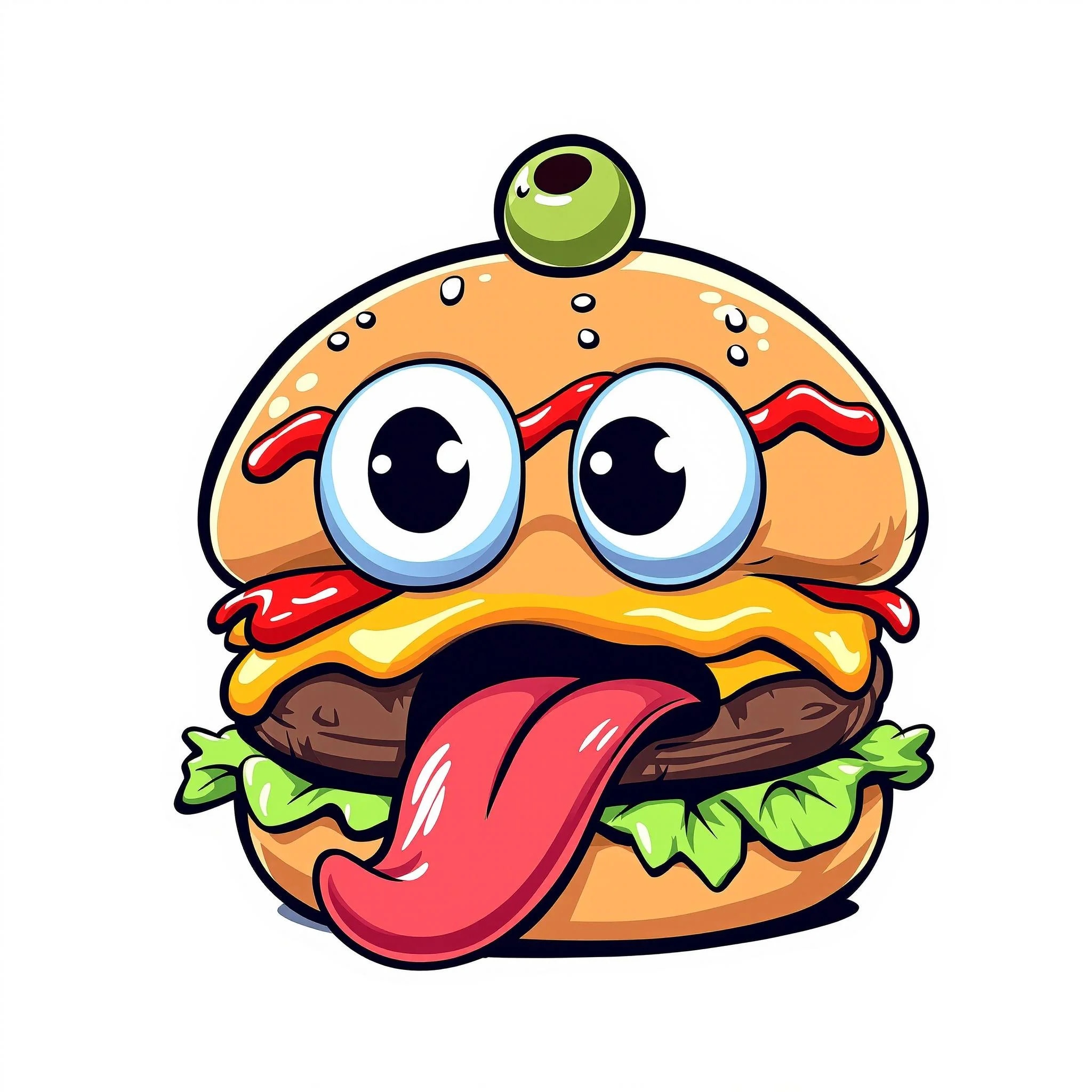 Cartoonish hamburger with expressive features, sti...