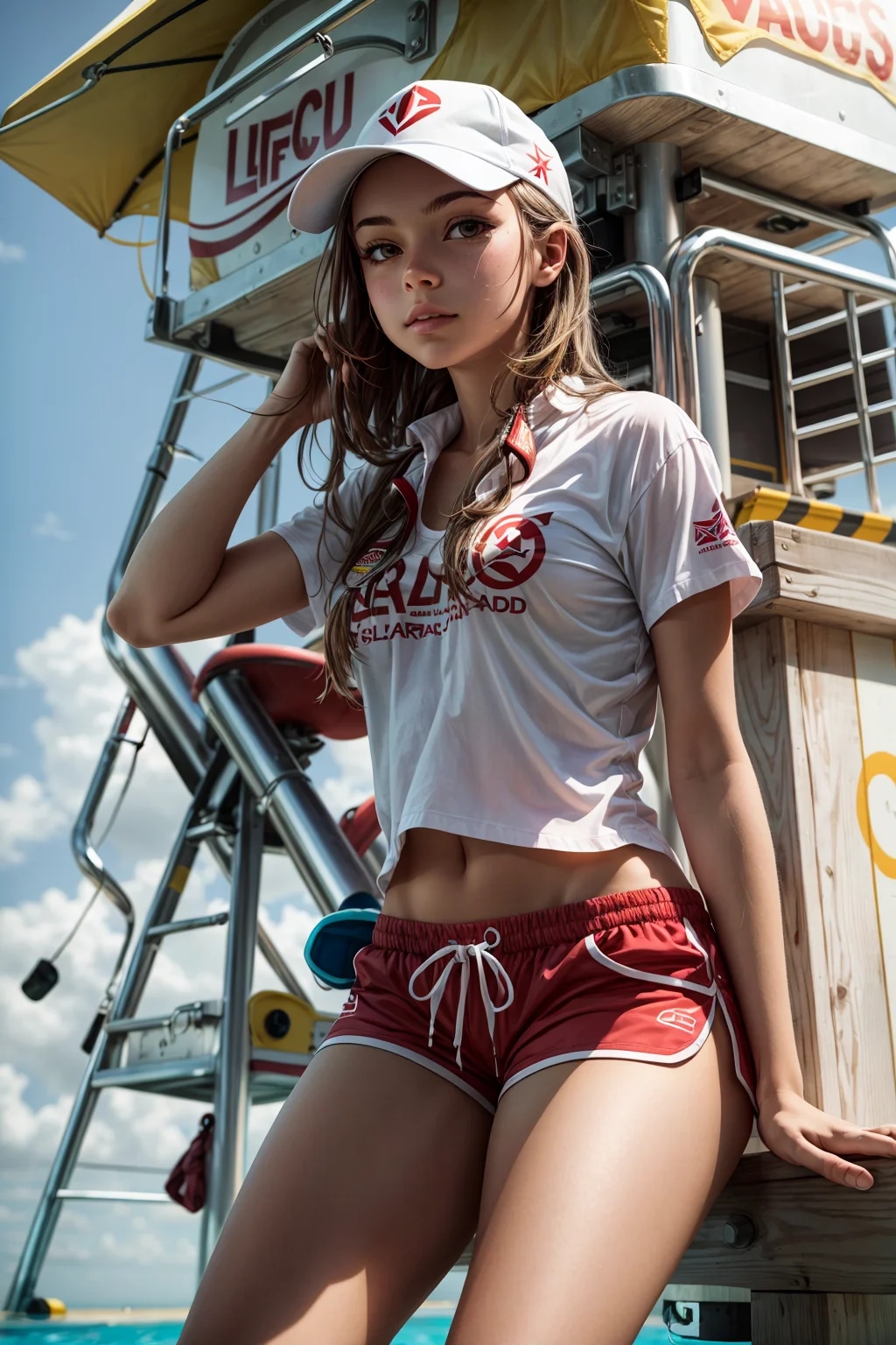 1girl, a girl as a lifeguard, sitting in the sun o...