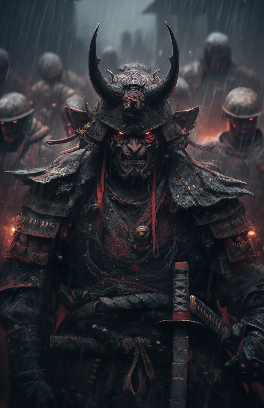 Samurai looks at the enemy, stands after the battl...