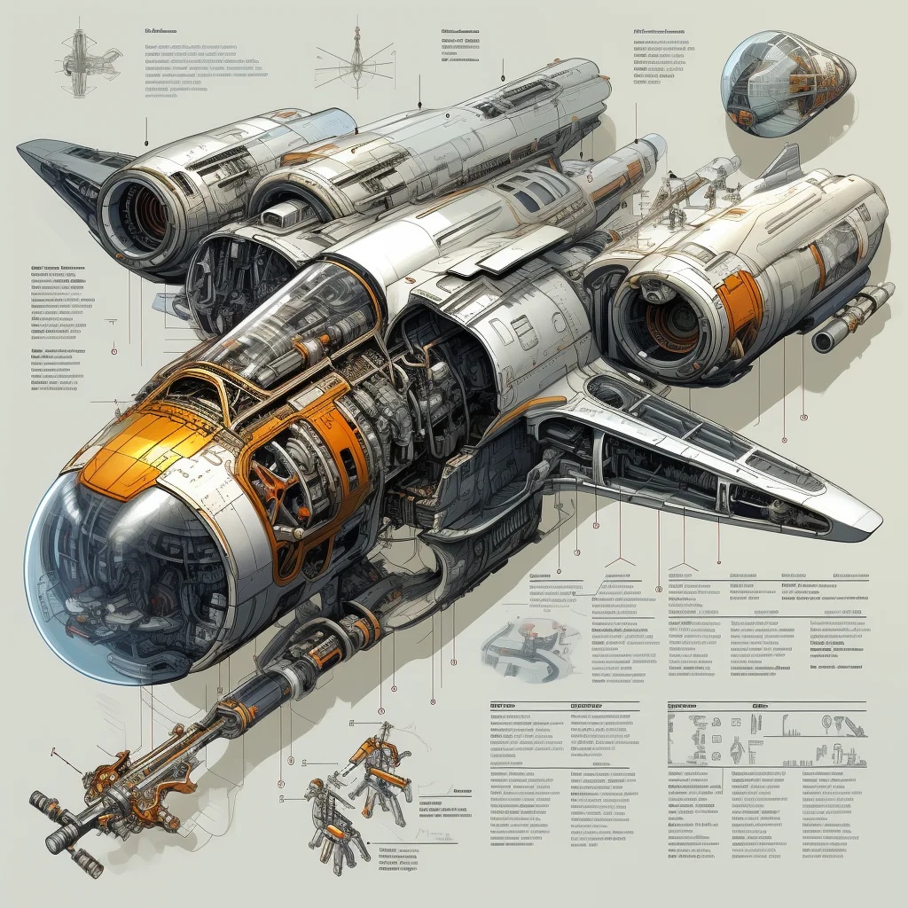 sketches blueprint of futuristic sci-fi huge space...