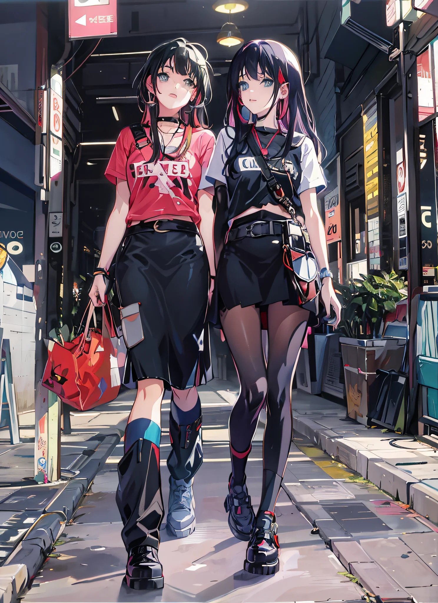 two women walking down a sidewalk with bags and ba...