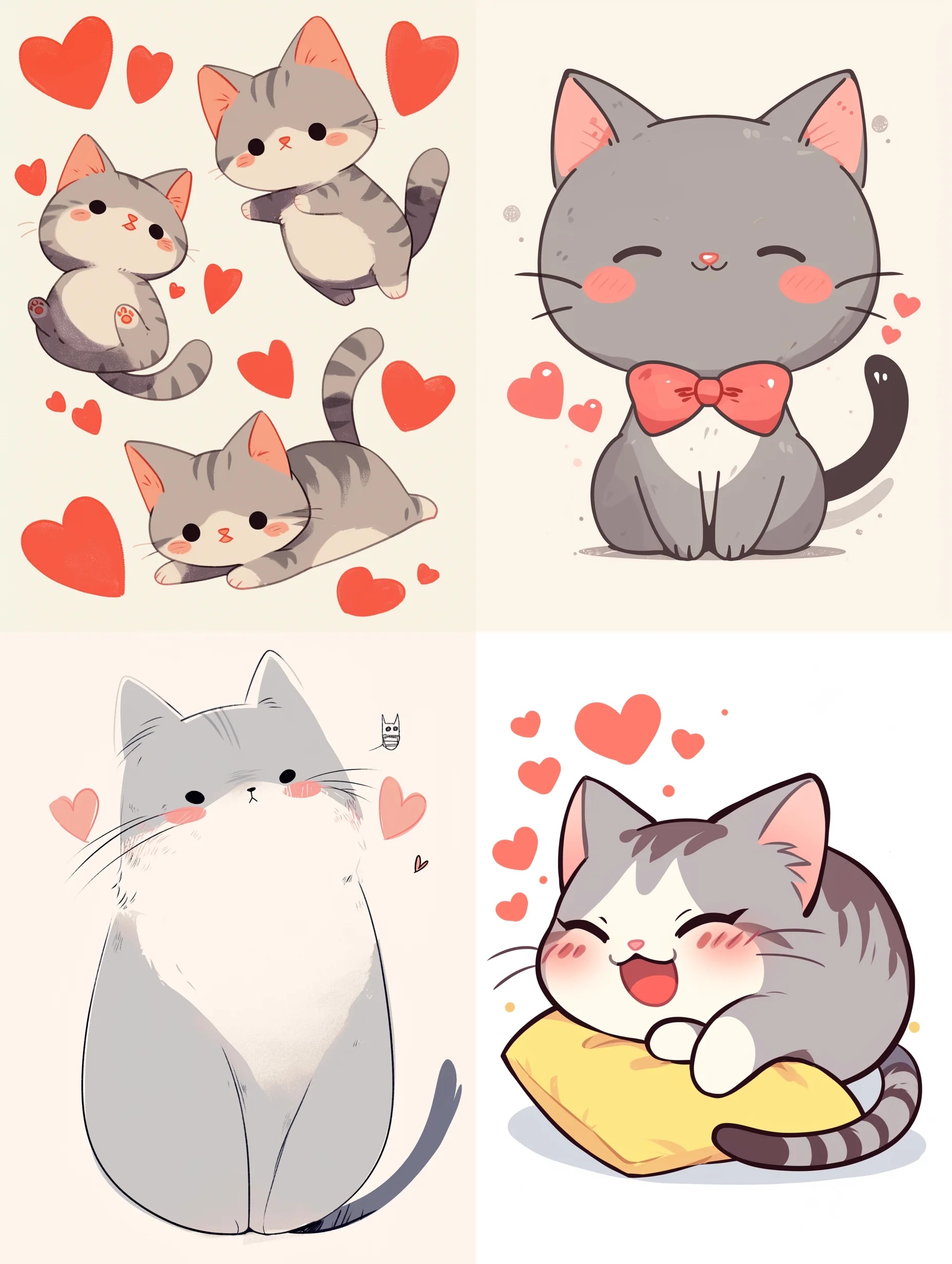 grey cat and heartfelt sticker, in the style of si...