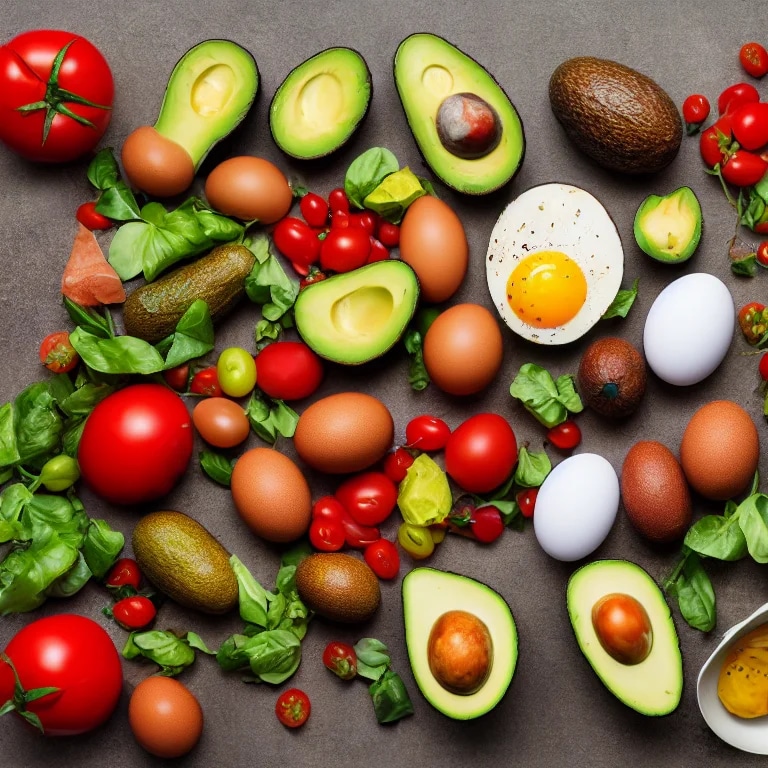 very healthy food plate with avocados, tomatoes, e...