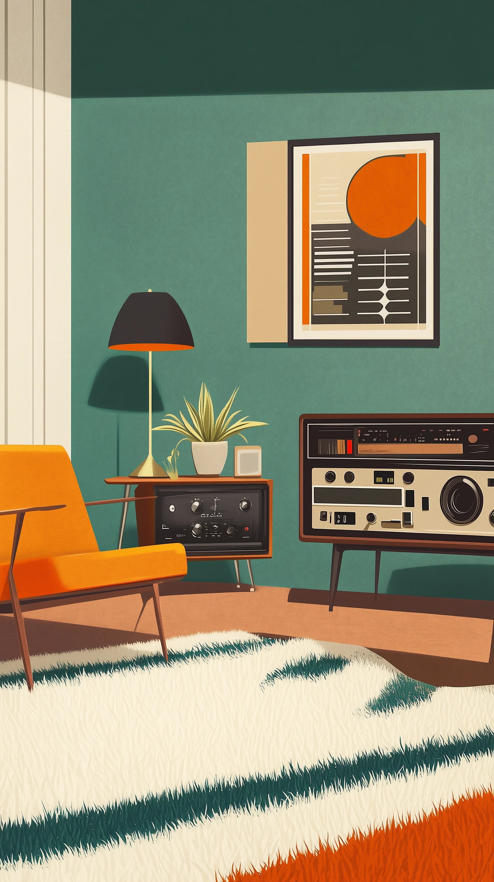 retro-inspired lounge with shaggy rugs, vintage st...