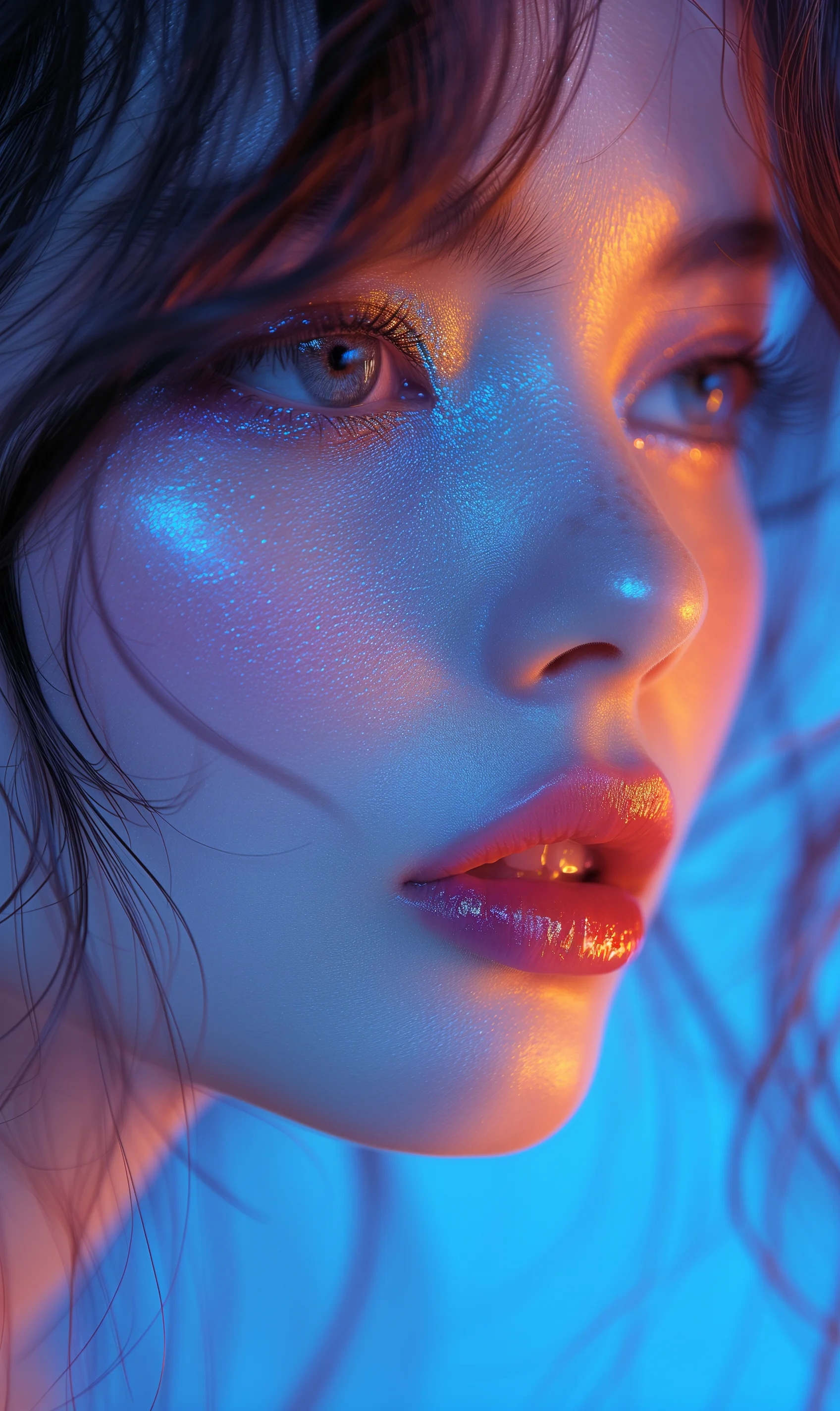 a close up of a woman with a blue eye shadow on he...