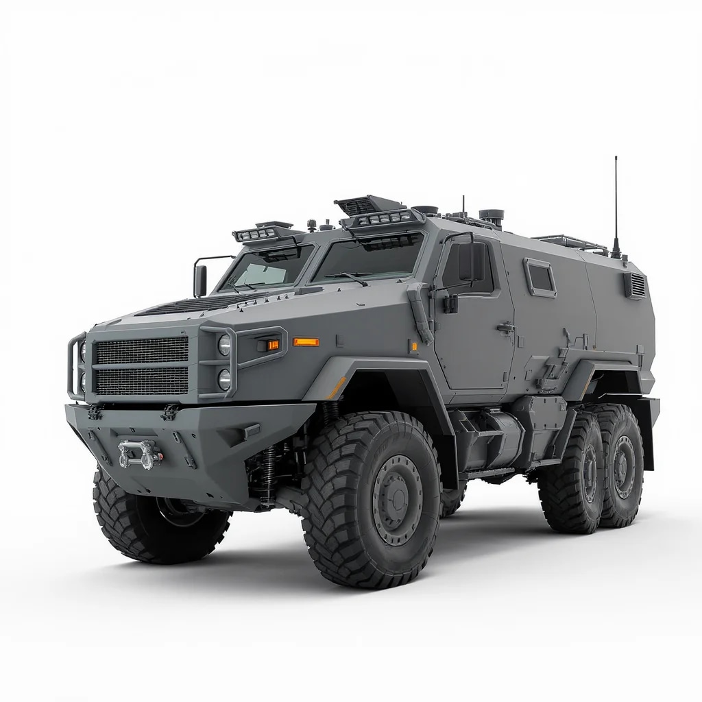 A hyper-realistic, matte gray armored personnel ca...