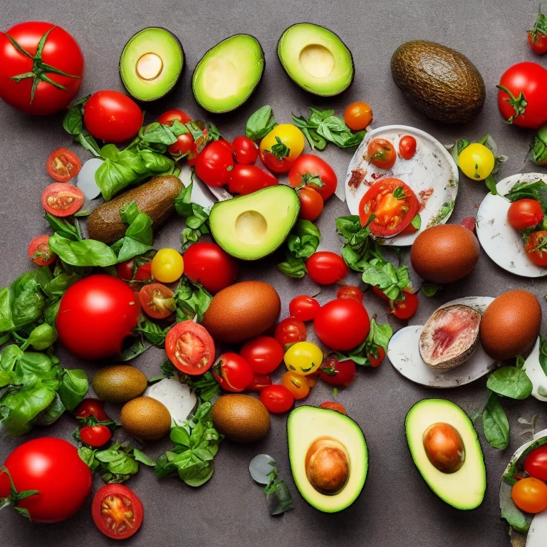 very healthy food plate with avocados, tomatoes, e...