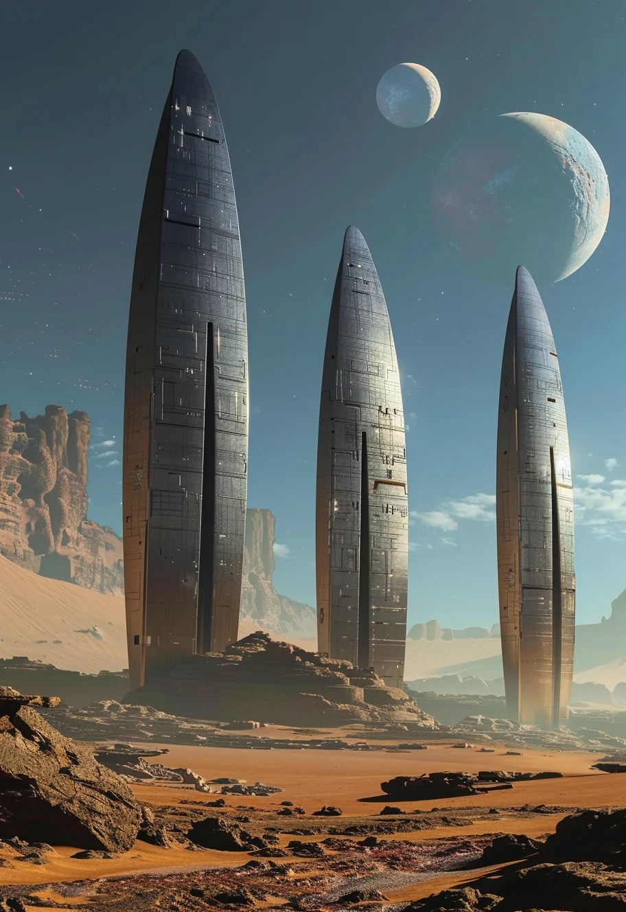 A retrofuturistic scene of an alien planet with th...