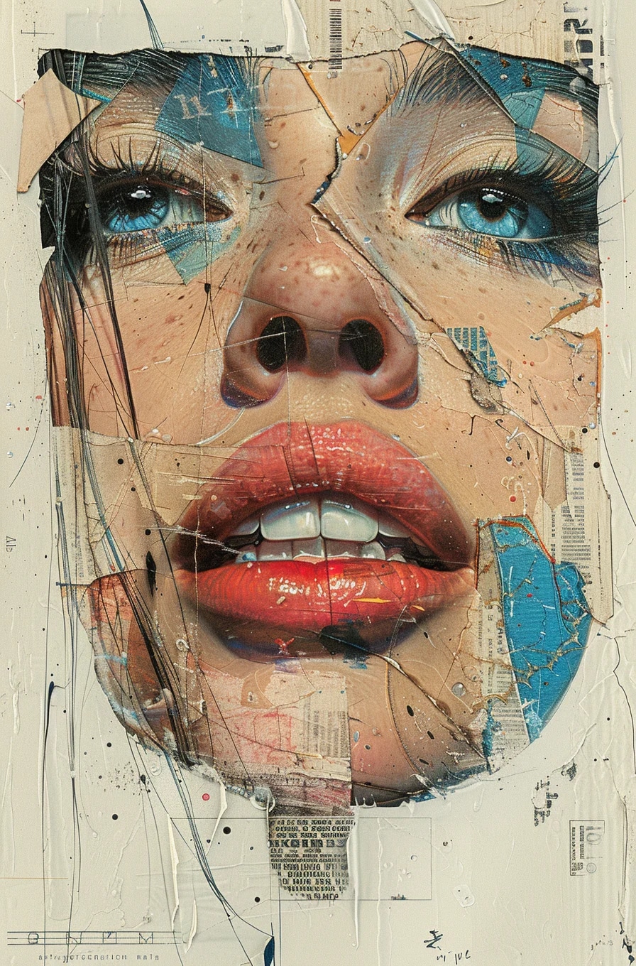 print collage of a woman's face, in the style of j...