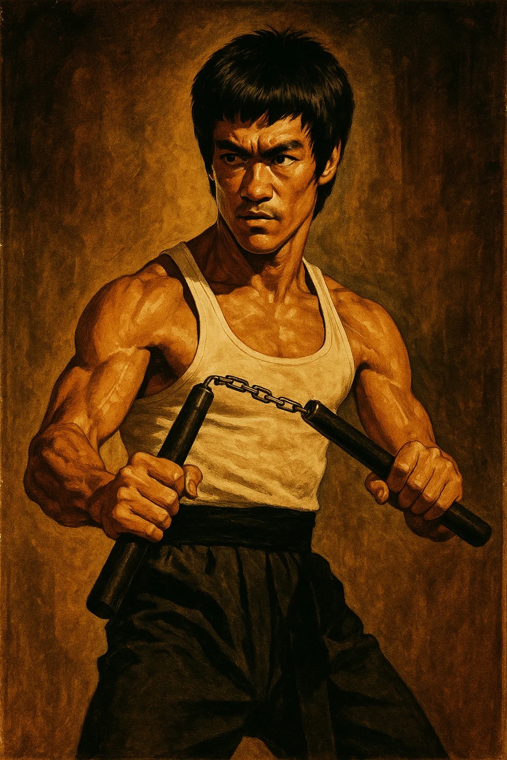 A detailed illustration of Bruce Lee in his iconic...