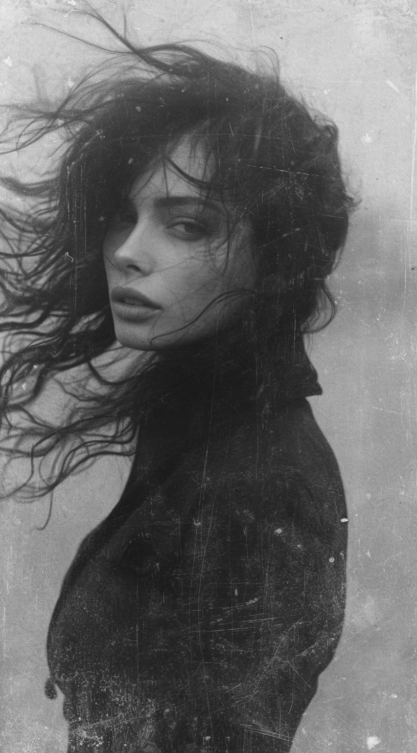 a woman with long wild hair on a windy day, in the...