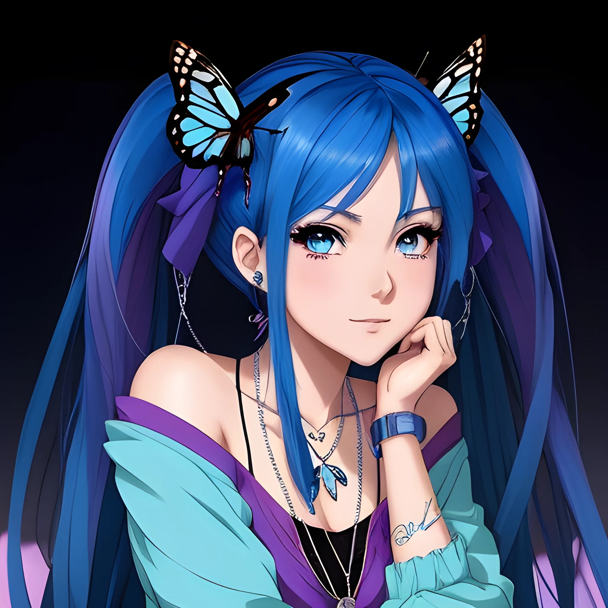 anime girl with blue hair and butterfly necklace p...