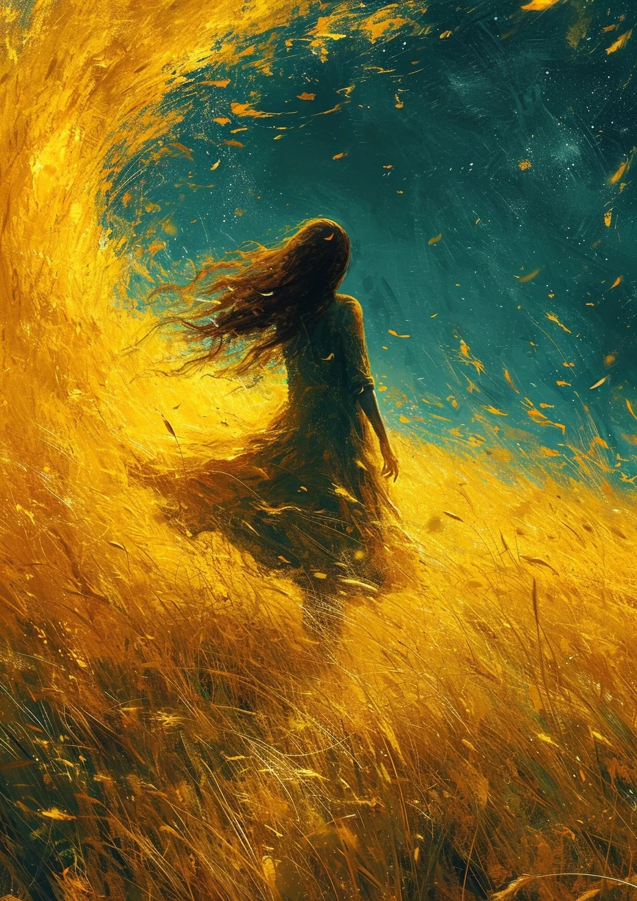 a girl walking through a field, in the style of et...