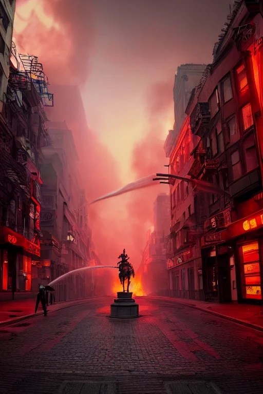 city street view with one great statue of a knight...