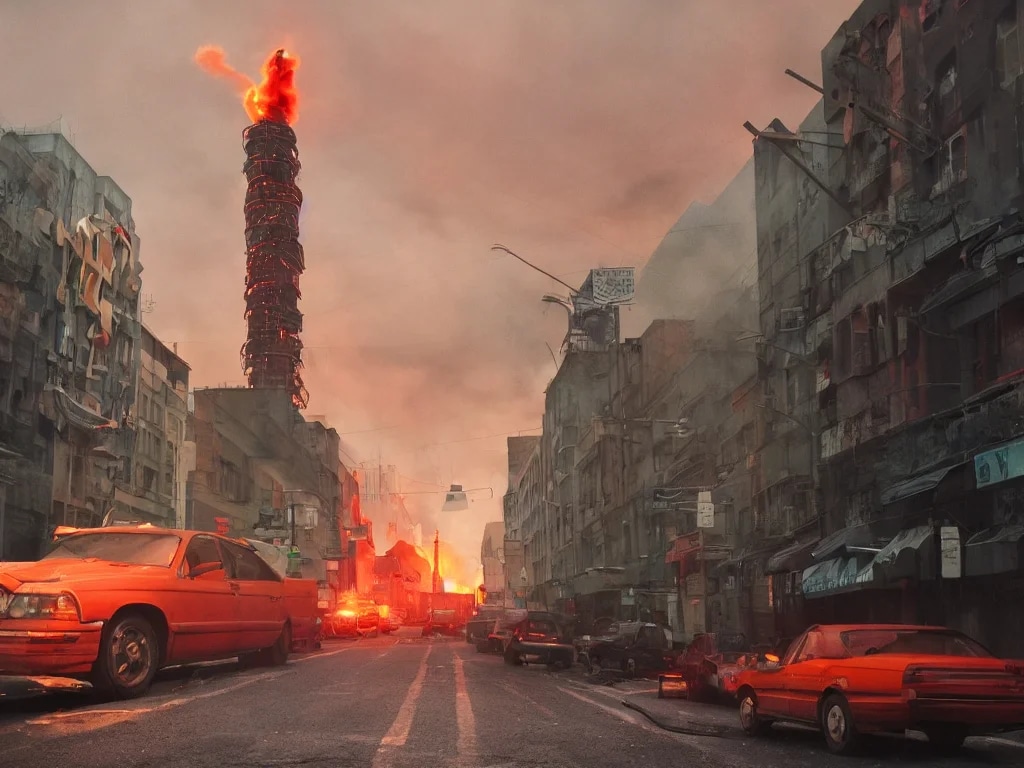 city street view with one tall antenna tower in th...