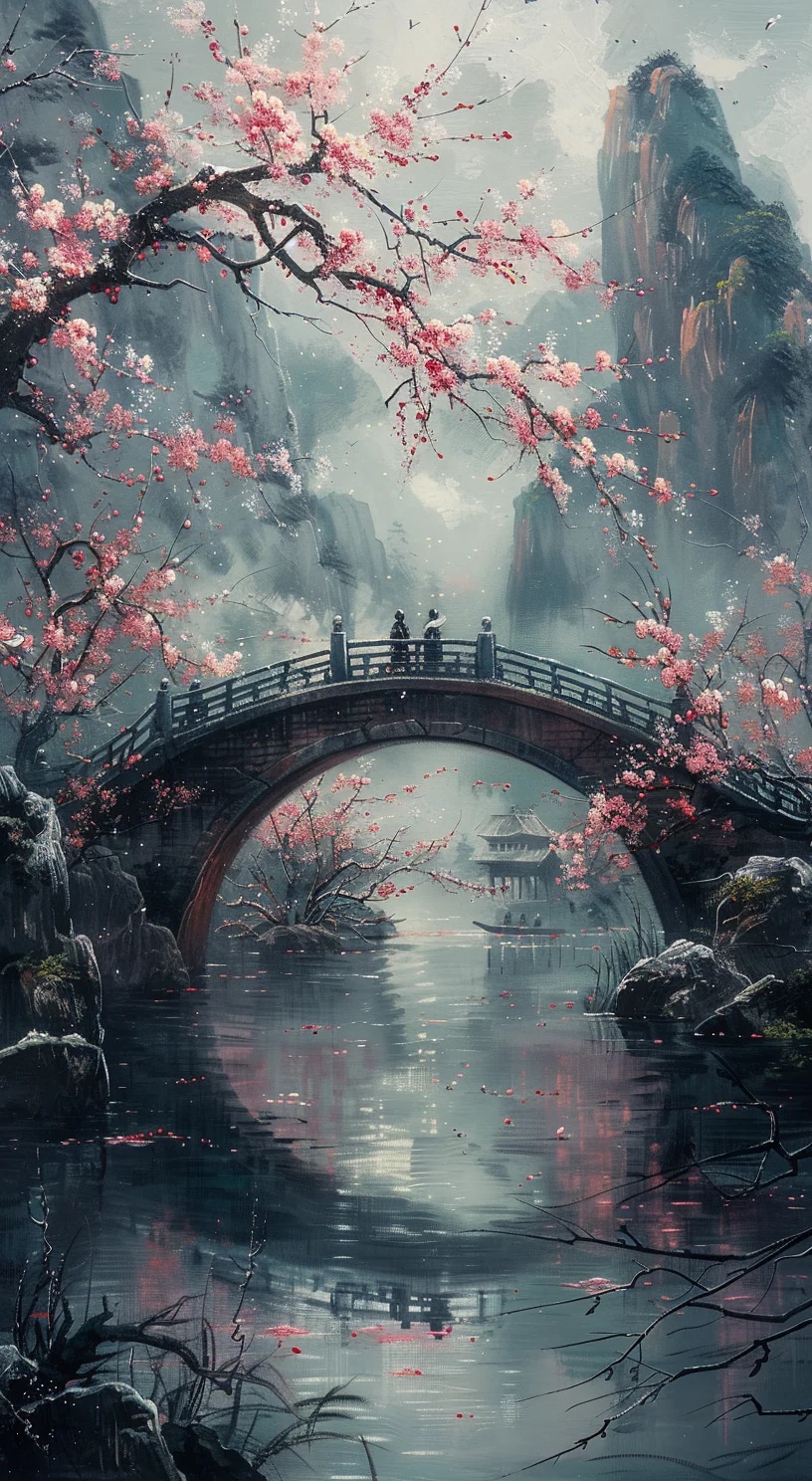 two people walk the bridge under a large cherry bl...