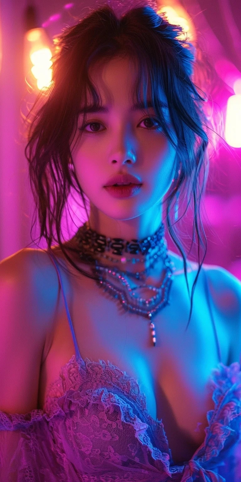 asian girl wearing an elegant top or dress at nigh...