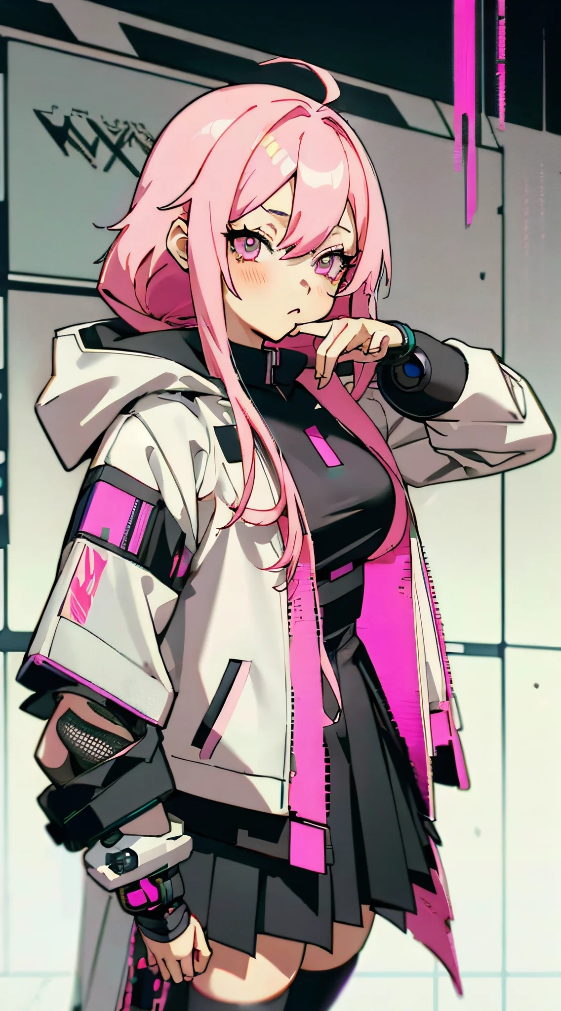anime girl with pink hair and a white jacket and b...
