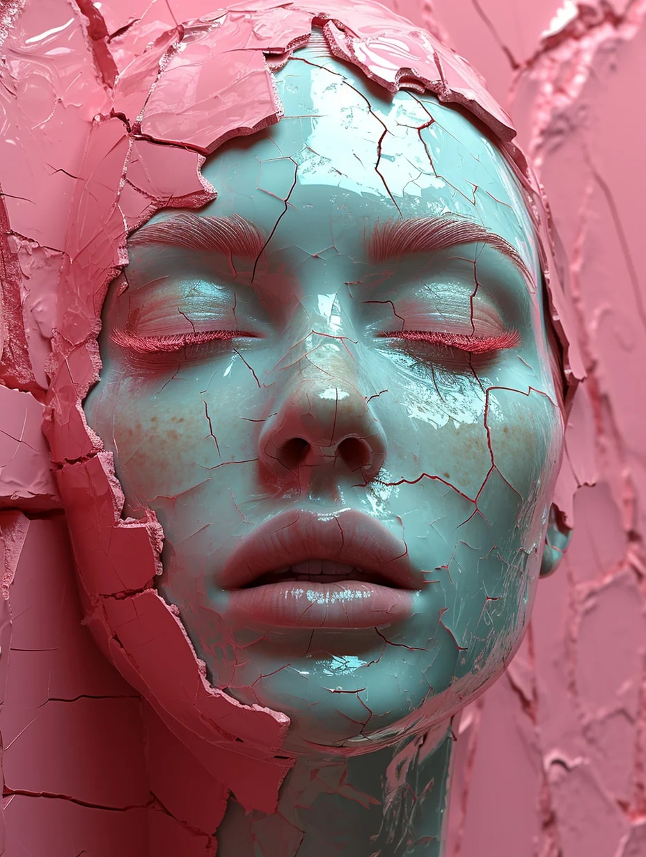 woman bionic ceramic glossy pink face sculpture, p...