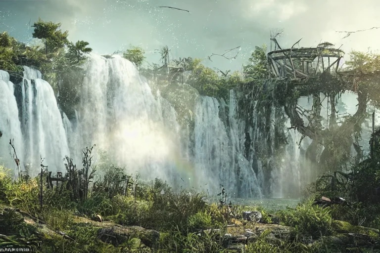 overgrown postapocalyptic ruins, birds in the sky,...