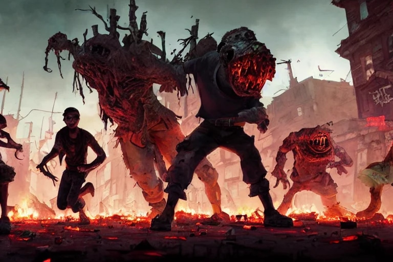 a battle in the ruined streets at night between 3 ...